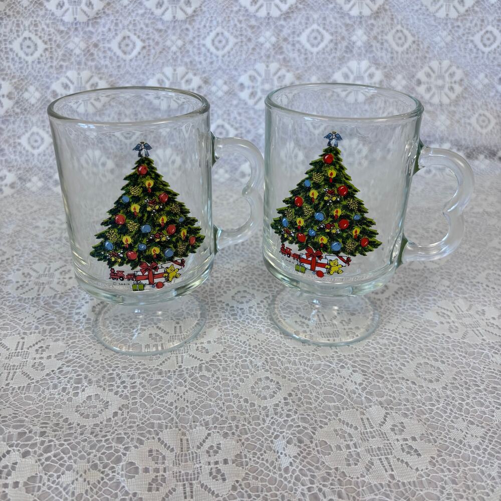 Vintage Sabin Christmas Tree Footed Glass Mugs Set of 2 1980s Holiday
